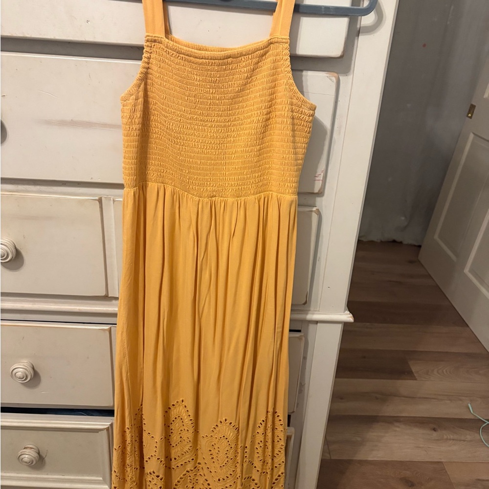 Maurices Mustard Yellow Smocked Maxi Dress with Eyelet Hem